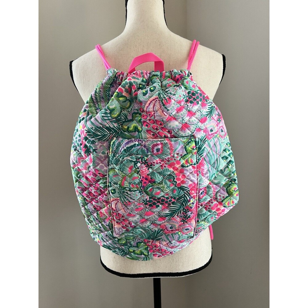 Lilly Pulitzer Printed Quilted Drawstring Backpack Pink Print EUC